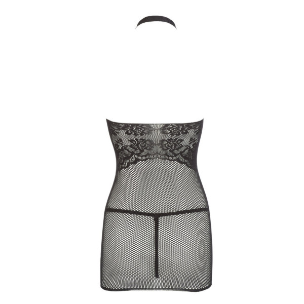 Petite robe en résille noire, sans couture, avec dentelle sur la poitrine. String assorti 